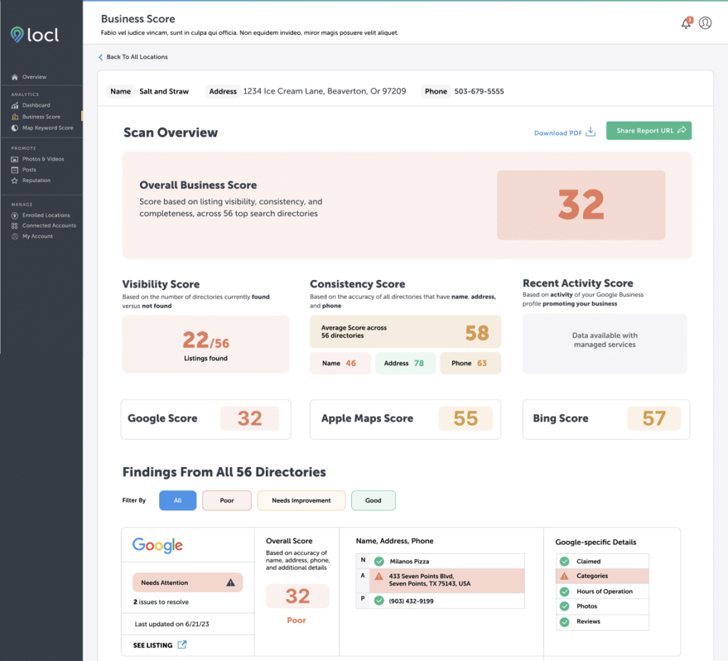 Small business online performance score report in Locl