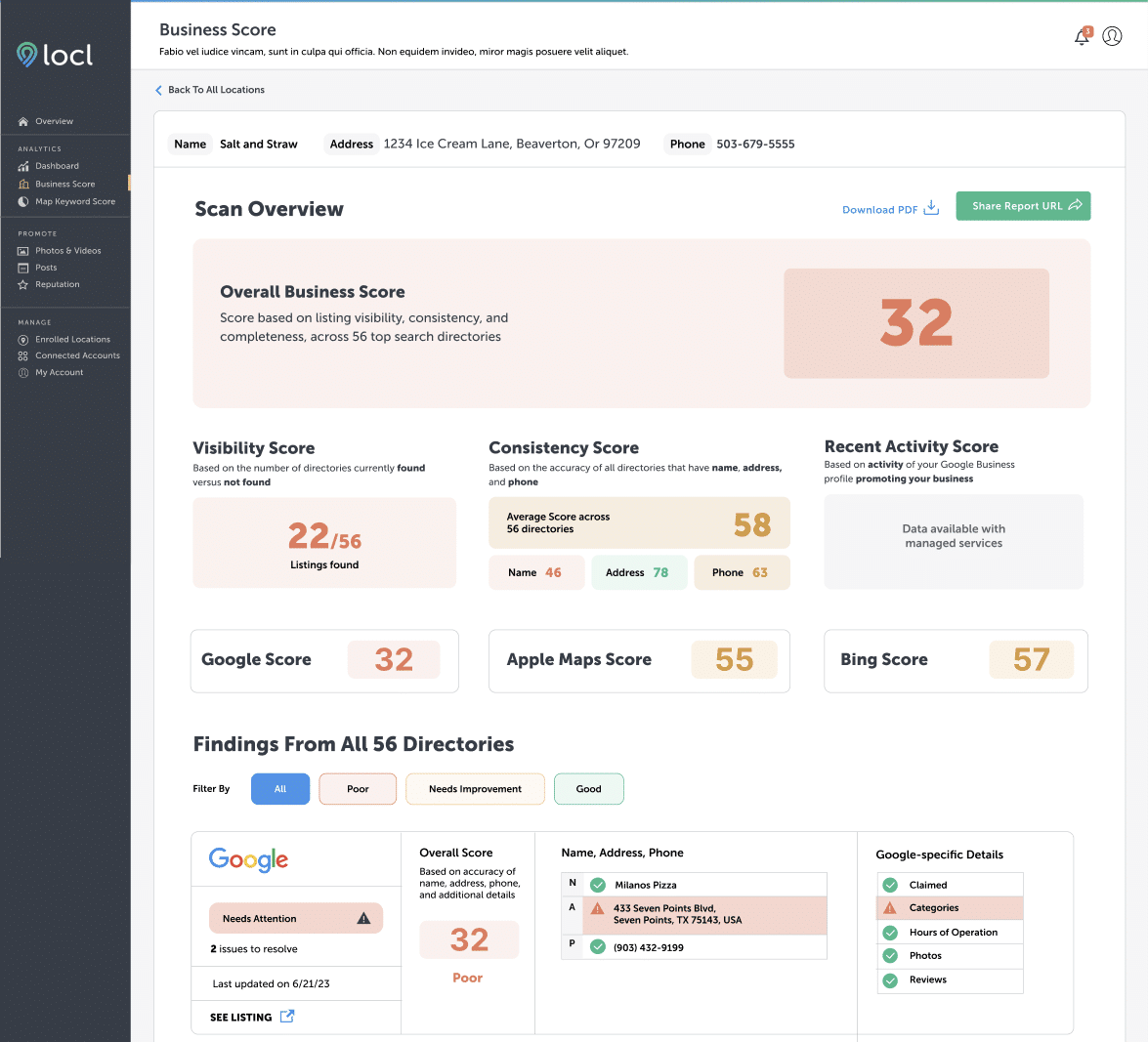 Small business online performance score report in Locl